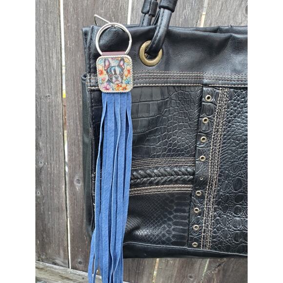 Handmade boho Boston terrier Gift Leather Fringe Western bag charm keychain - Picture 3 of 4
